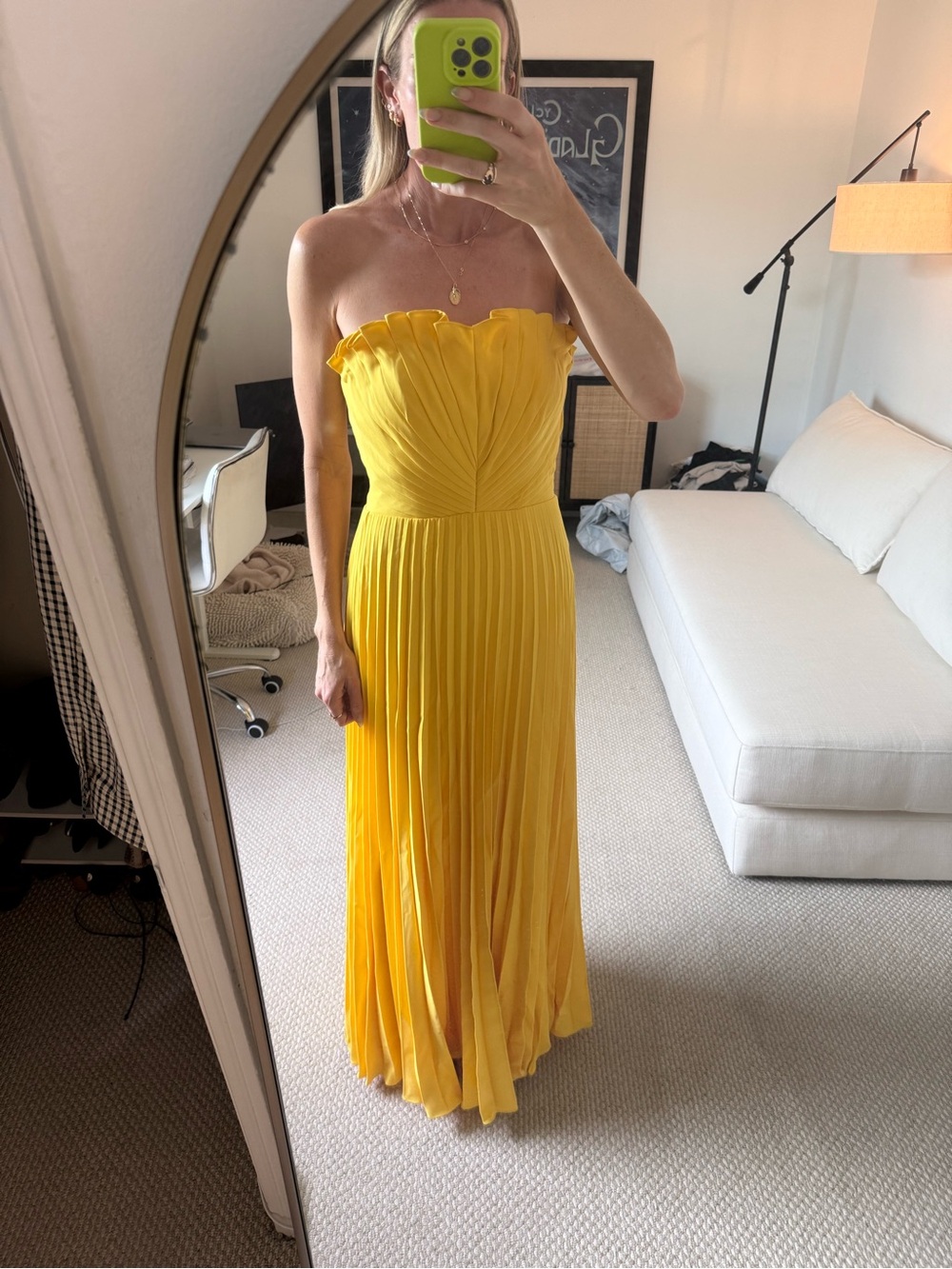 Strapless Yellow Pleated Maxi Dress